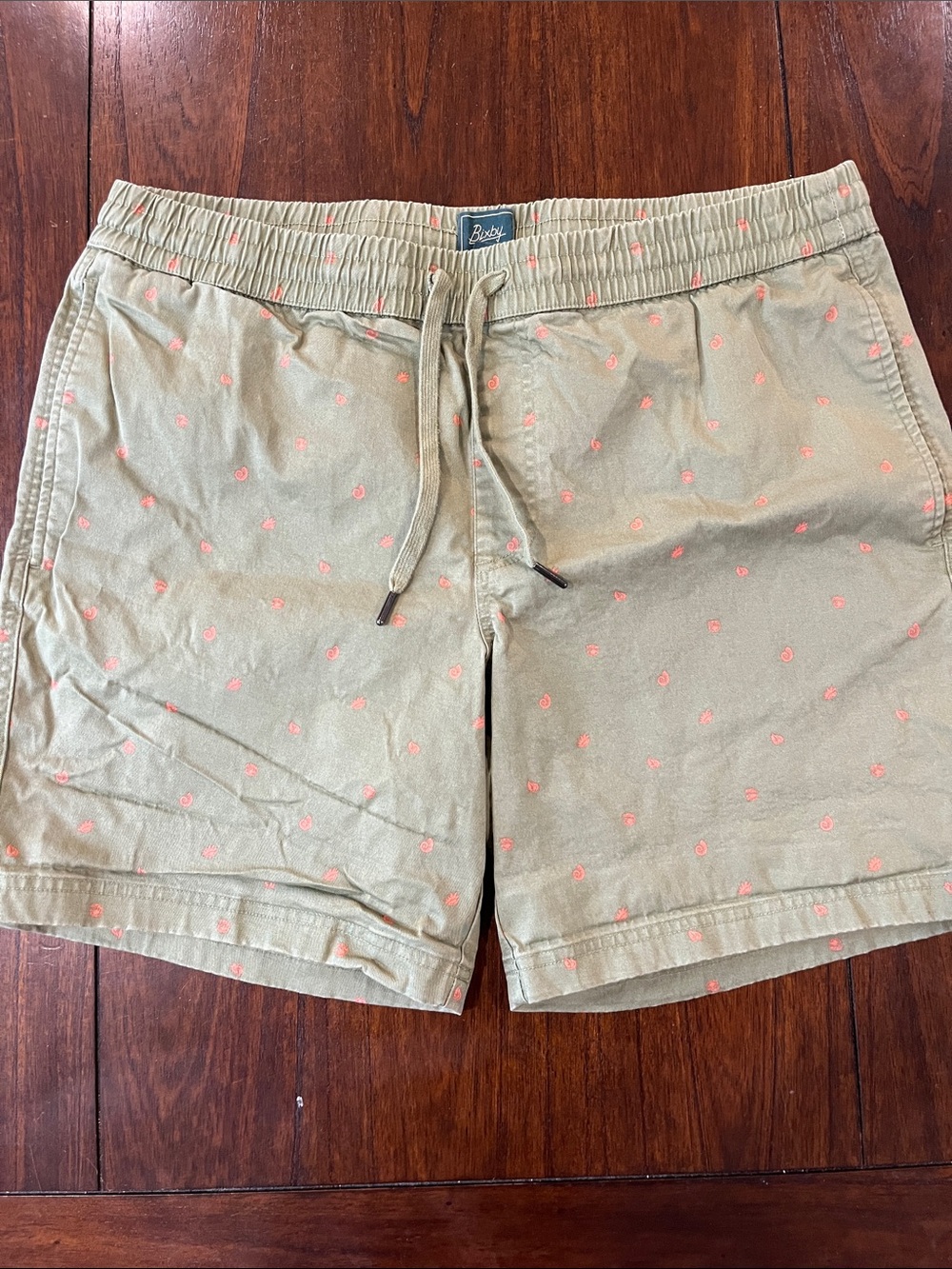 BIXBY NOMAD Olive Green Pull‑Tie Shorts with Coral Shell Accents